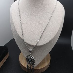Silver Pendant Long Necklace with Black Accents (1602)